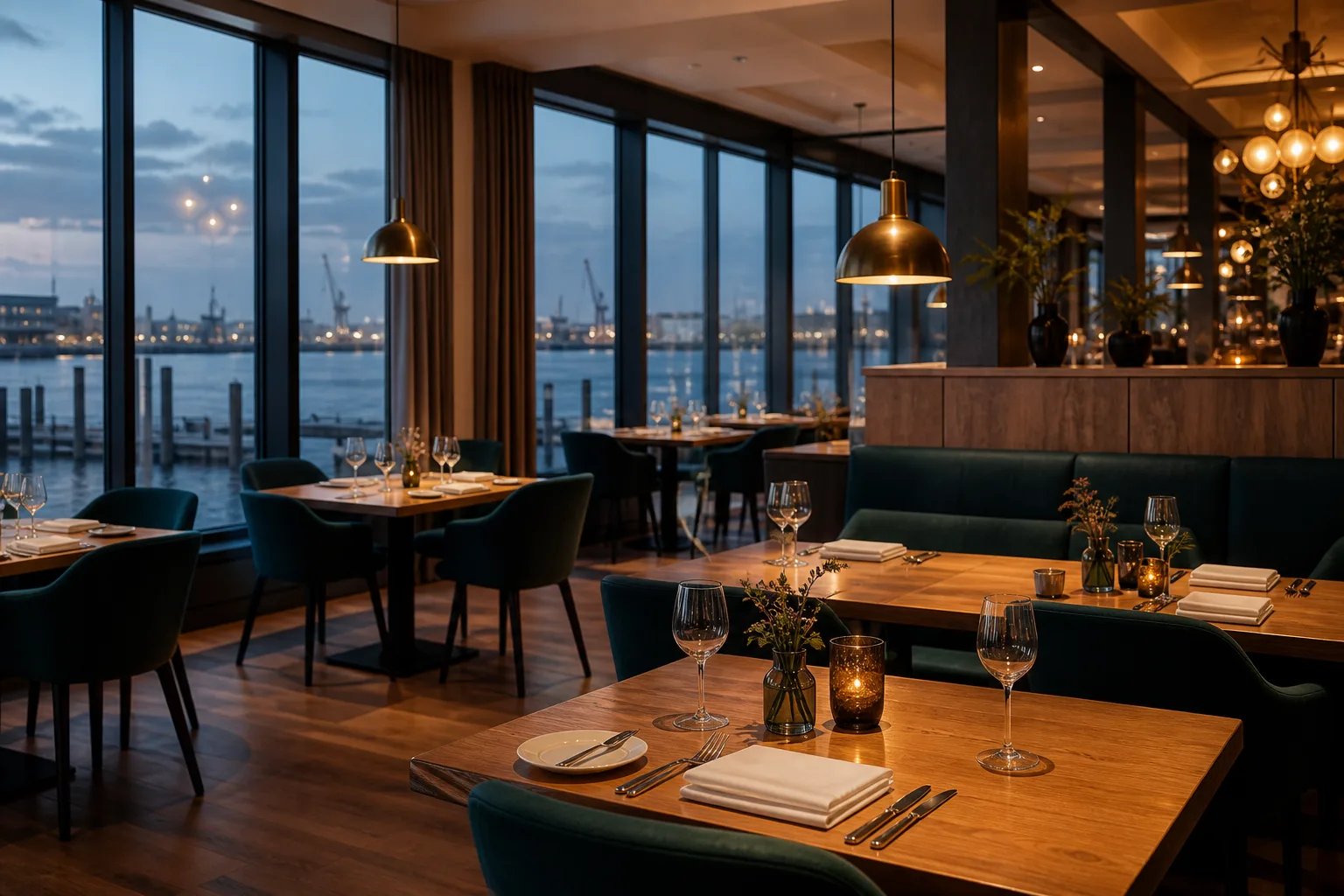 Aurora Travel Guide dining room overlooking the Emden harbor
